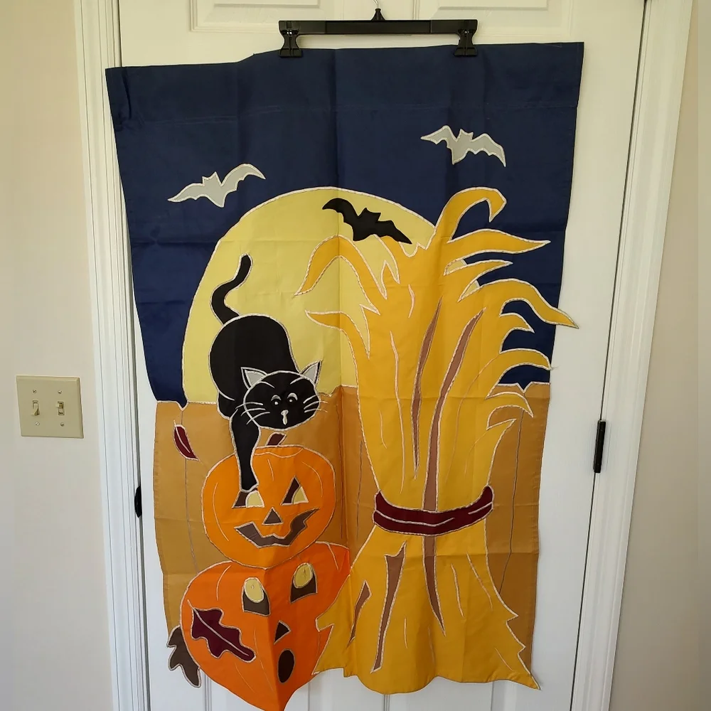 Harvest Moon Black Cat Pumpkin Halloween Yard Flag Navy Blue